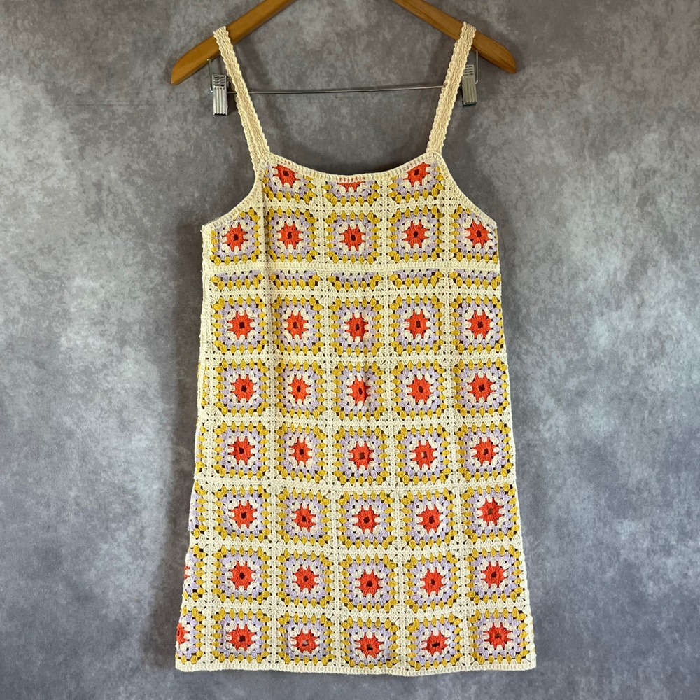 Shipwreck Ltd Crochet Mini Dress Womens Small Cream Orange Boho Granny Square